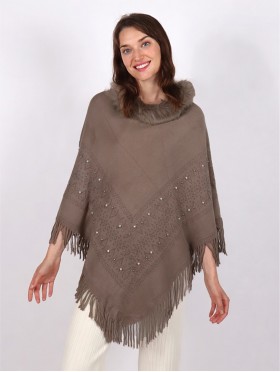 Beaded Solid Colour Poncho with  Faux Fur Neck and Fringes